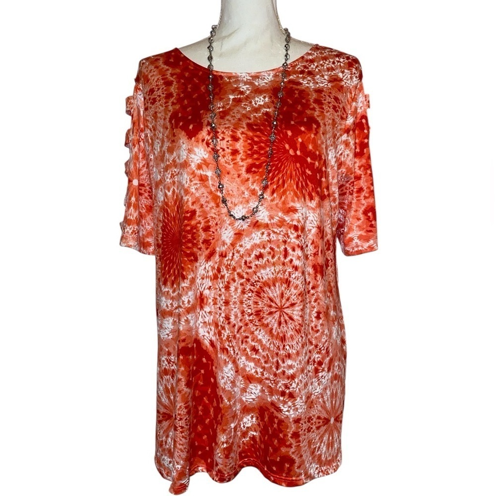 RUBY RD. Tunic Top Kaleidoscope Pattern Orange & White Size Large